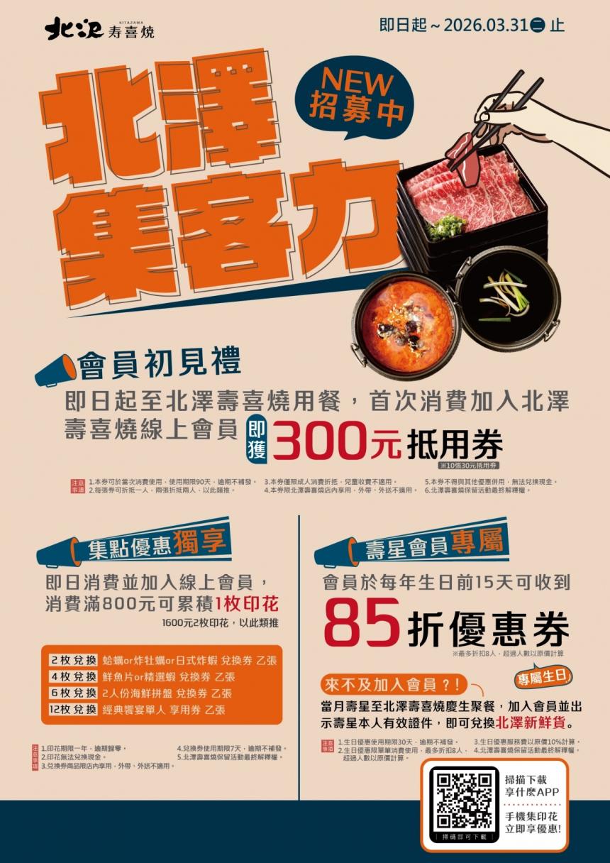 北澤壽喜燒【2026年】壽星會員專屬，每年生日前15天可收到生日好禮「85折優惠券」。